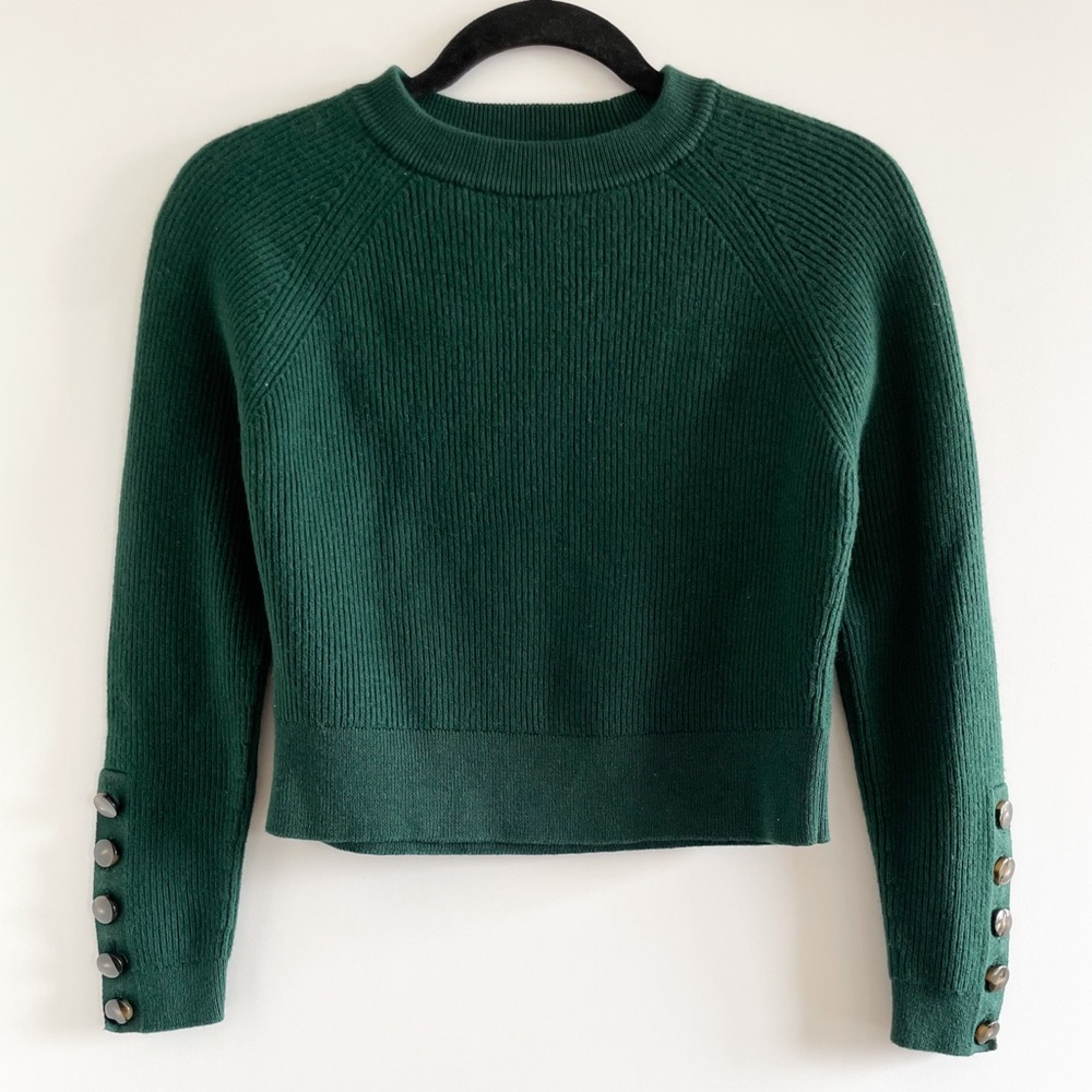 Sezane Forest Green Crewneck Sweater with Button Cuffs